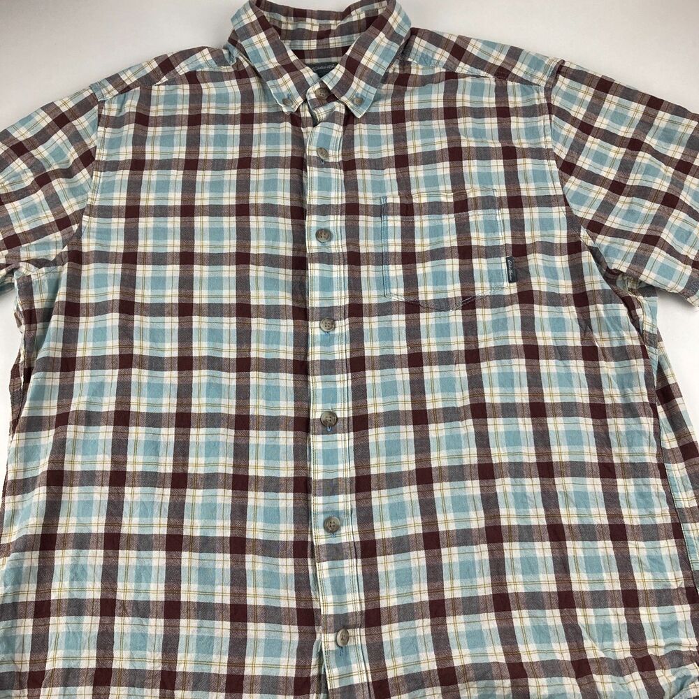 Eddie Bauer Shirt Mens L Blue Brown Plaid Cotton Short Sleeve Button Down